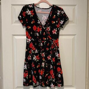 Black and Red Floral Wrap Dress with Sleeve Size Medium